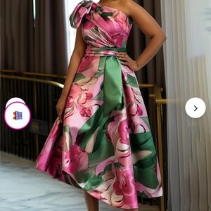 Plus Size Semi Formal Elegant Floral Print One Shoulder Satin Midi Dress